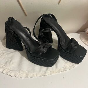 Strappy Black Platform Sandals with Rhinestones